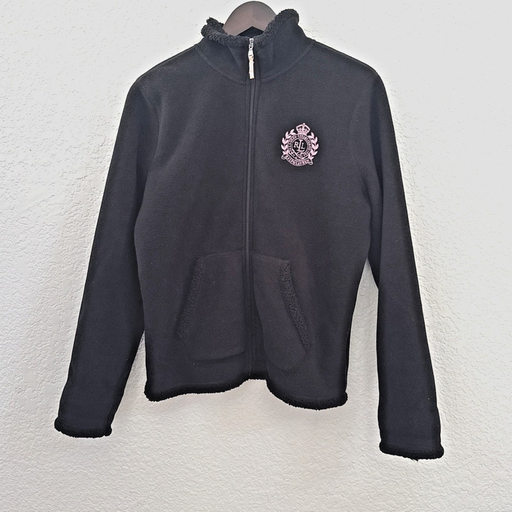 Lauren Ralph Lauren Black Full Zip Fleece Jacket Pink Crest Womens Size L